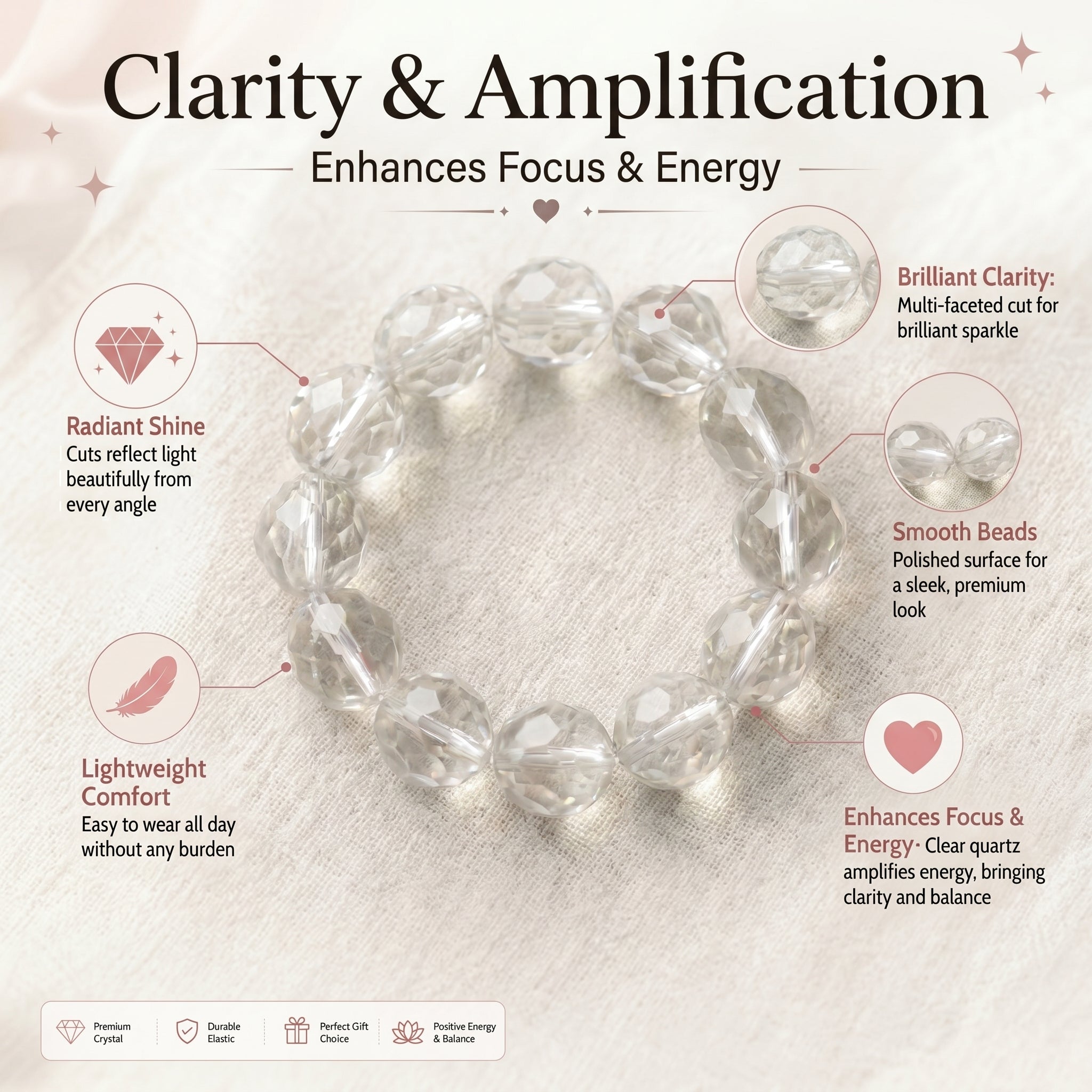 Premium Clear Quartz Beaded Bracelet | Hand-Polished Natural Gemstone Jewelry for Mindfulness & Balance