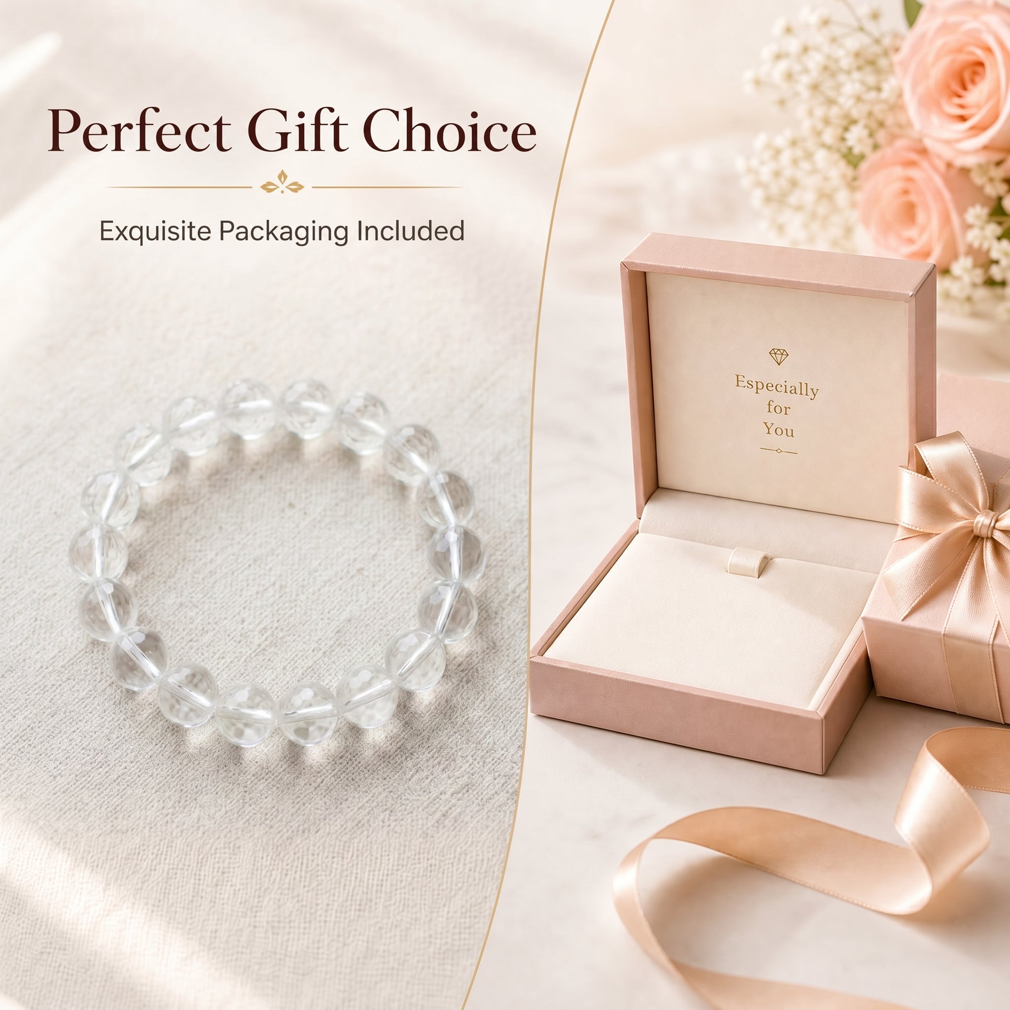 Premium Clear Quartz Beaded Bracelet | Hand-Polished Natural Gemstone Jewelry for Mindfulness & Balance