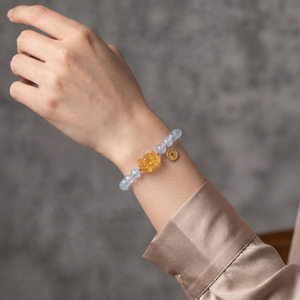 Natural Aquamarine & Vintage Amber Energy Bracelet