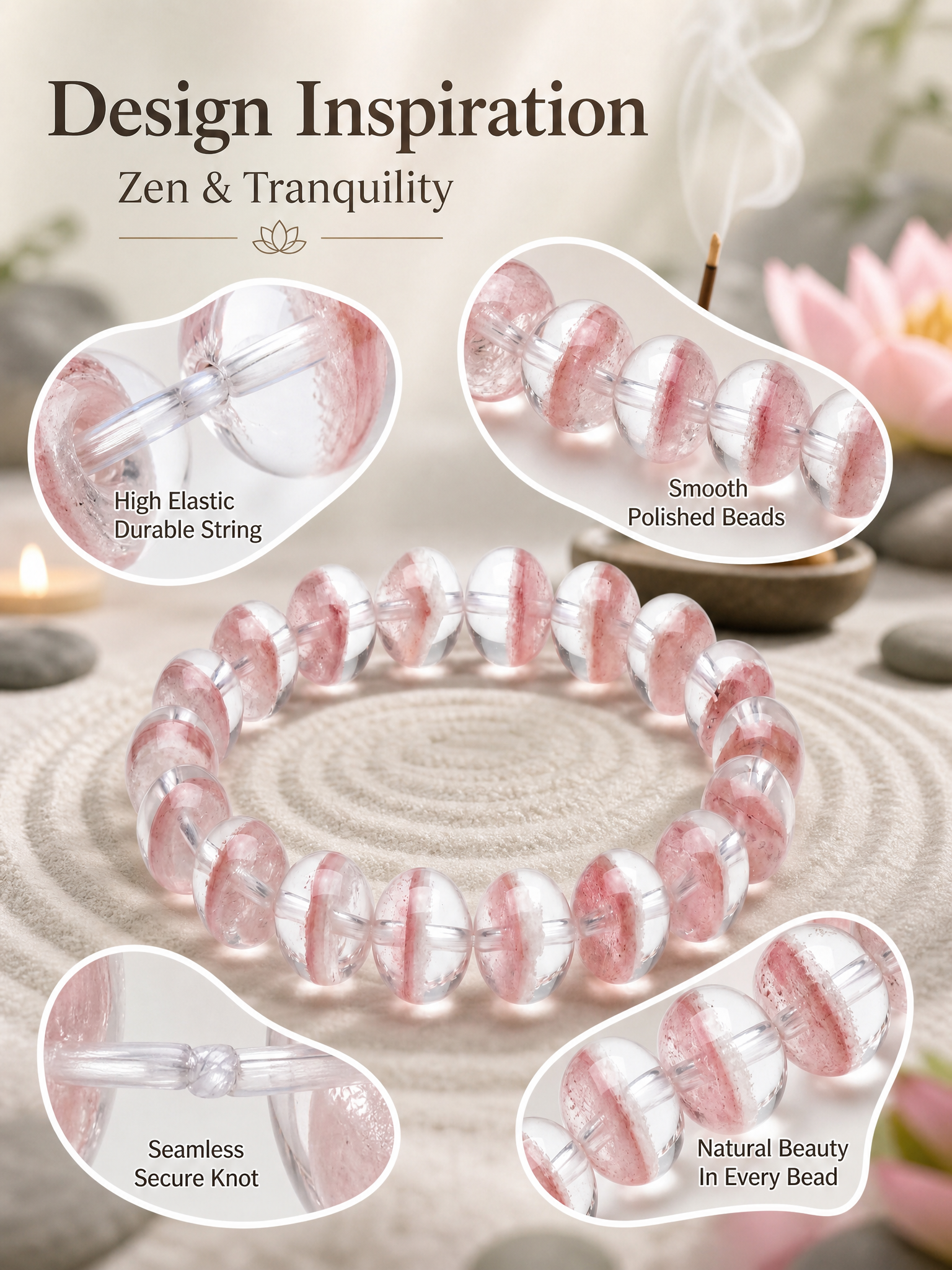 Premium Pink & White Phantom Beaded Bracelet | Hand-Polished Natural Gemstone Jewelry for Inner Peace & Clarity