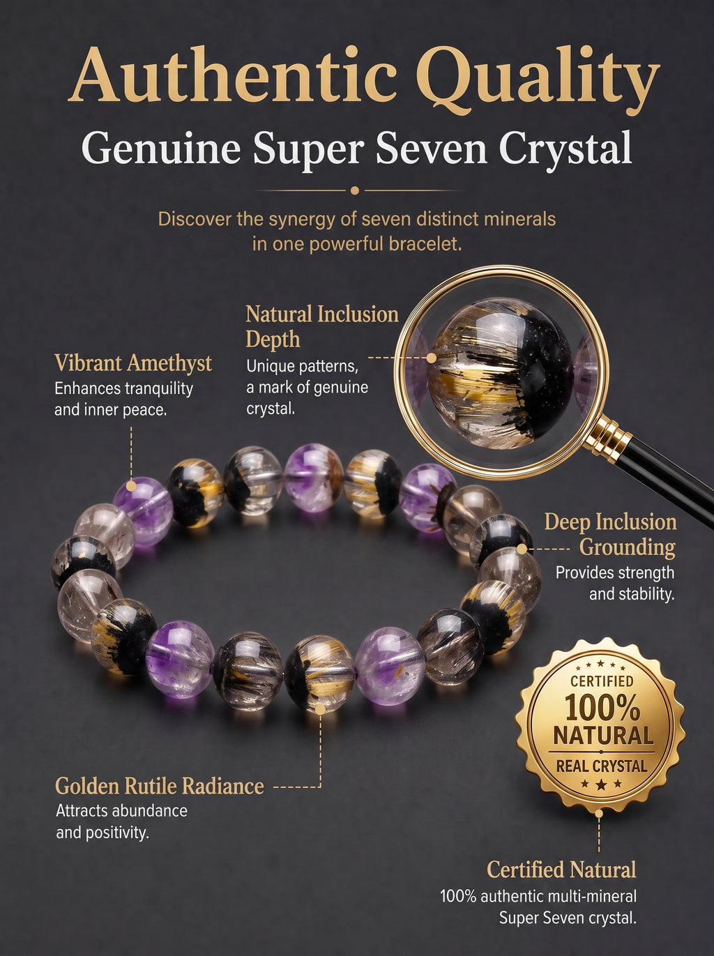 Premium Black Gold Super Seven Beaded Bracelet | Hand-Polished Natural Gemstone Jewelry for Wisdom & Balance
