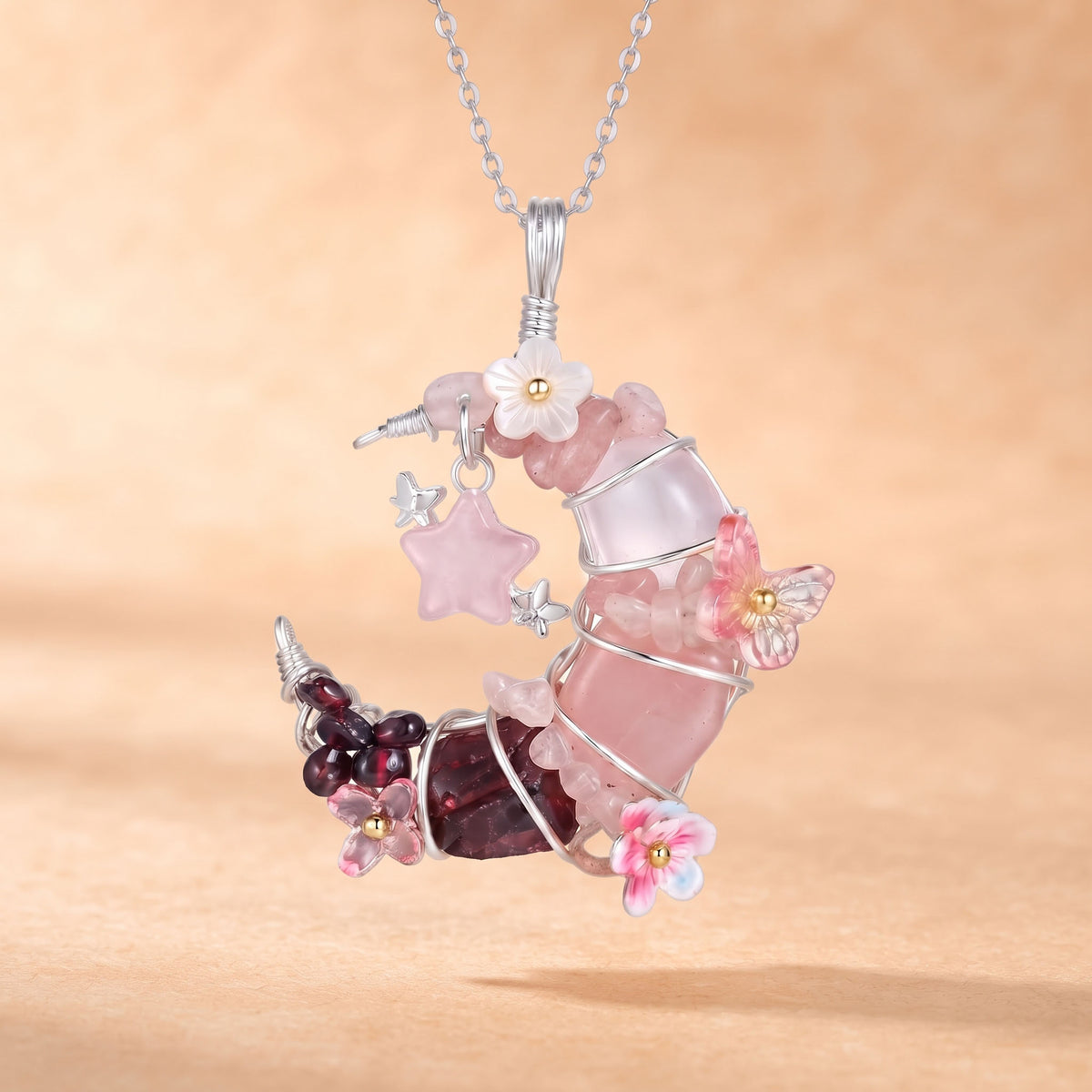 Rose Quartz & Garnet Crescent Moon Pendant | Wire-Wrapped Star & Butterfly Necklace