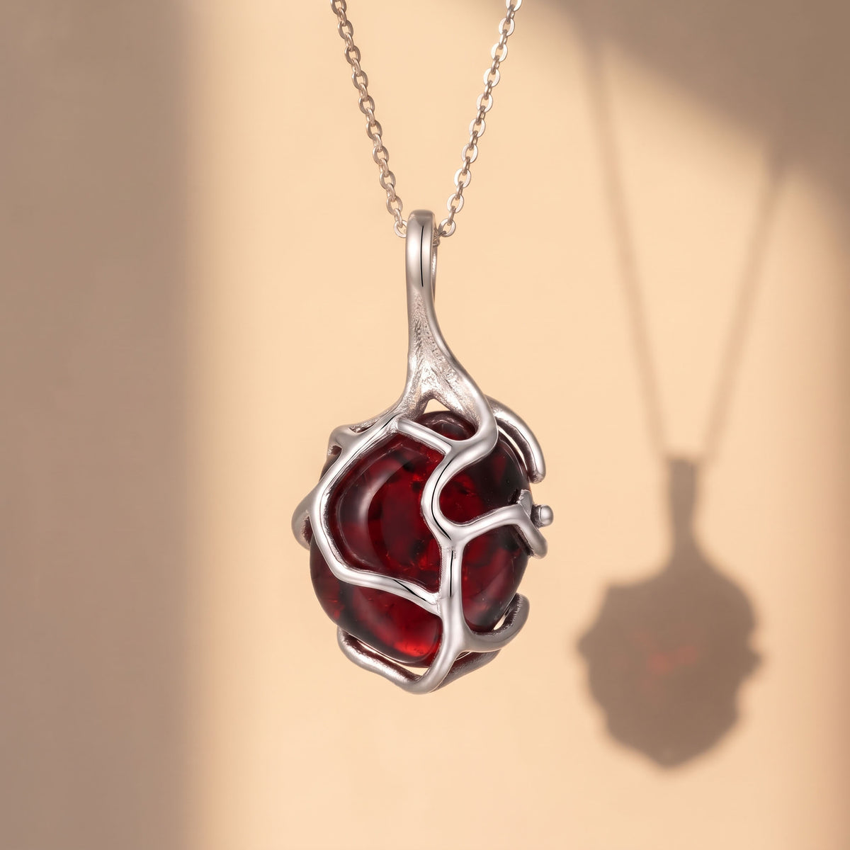Deep Red Garnet Crystal Pendant | Sculpted Silver Wire-Wrapped Stone Necklace