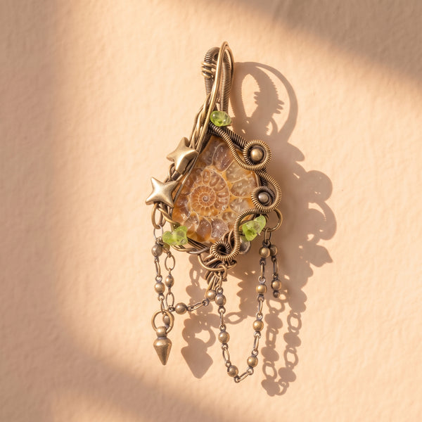 Ammonite Fossil Brass Pendant | Wire-Wrapped Star & Bead Fringe Necklace