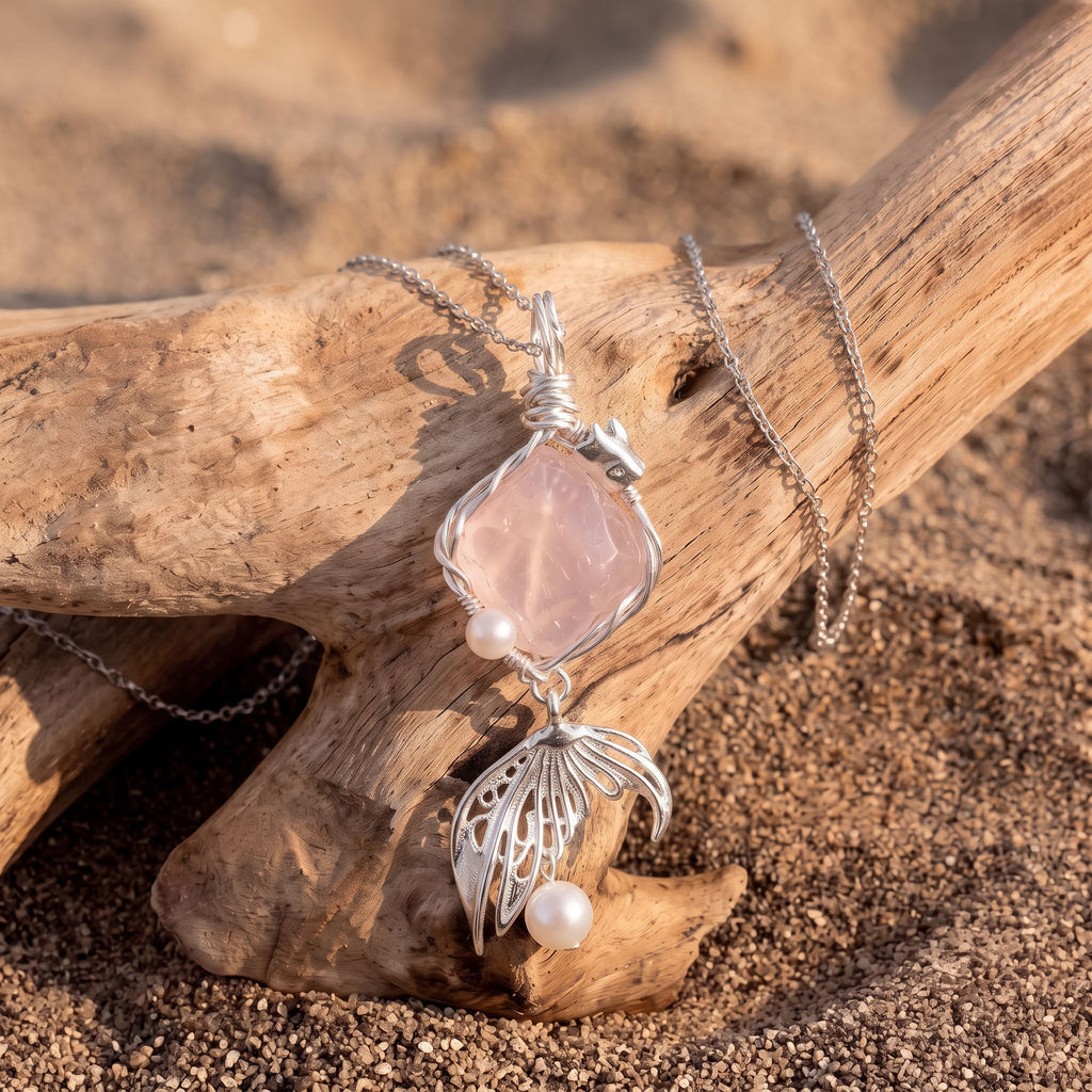 Ethereal Rose Quartz & Mermaid Tail Pendant | Handcrafted Silver Wire-Wrapped Necklace