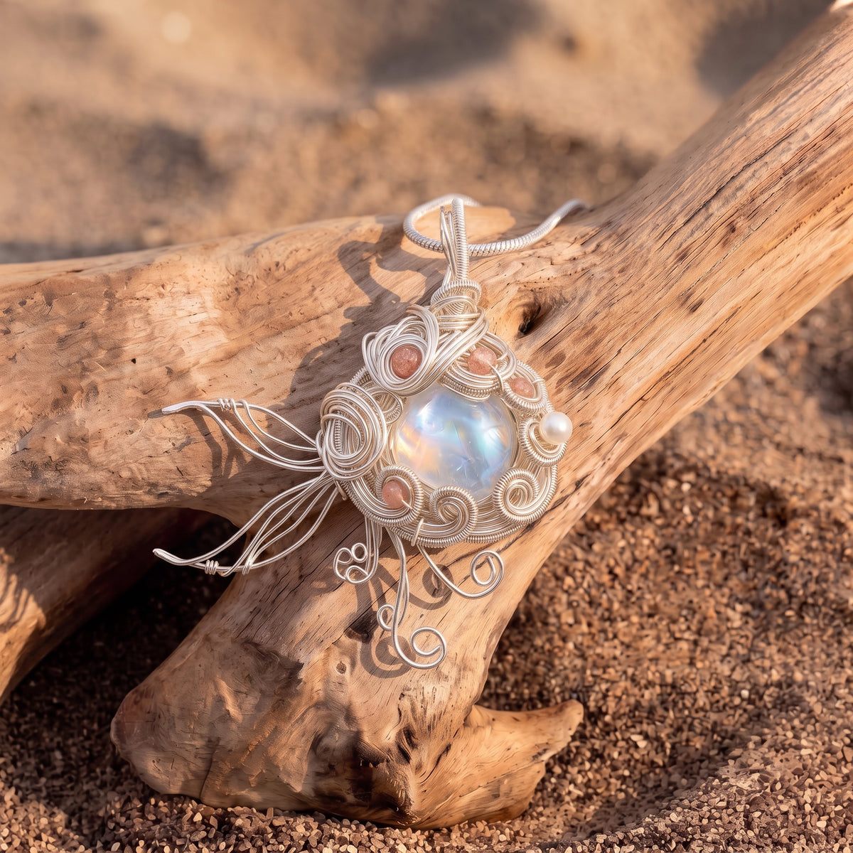 Opal Jellyfish Wire-Wrapped Pendant | Silver Copper Sunstone & Pearl Necklace