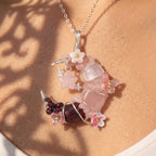 Rose Quartz & Garnet Crescent Moon Pendant | Wire-Wrapped Star & Butterfly Necklace