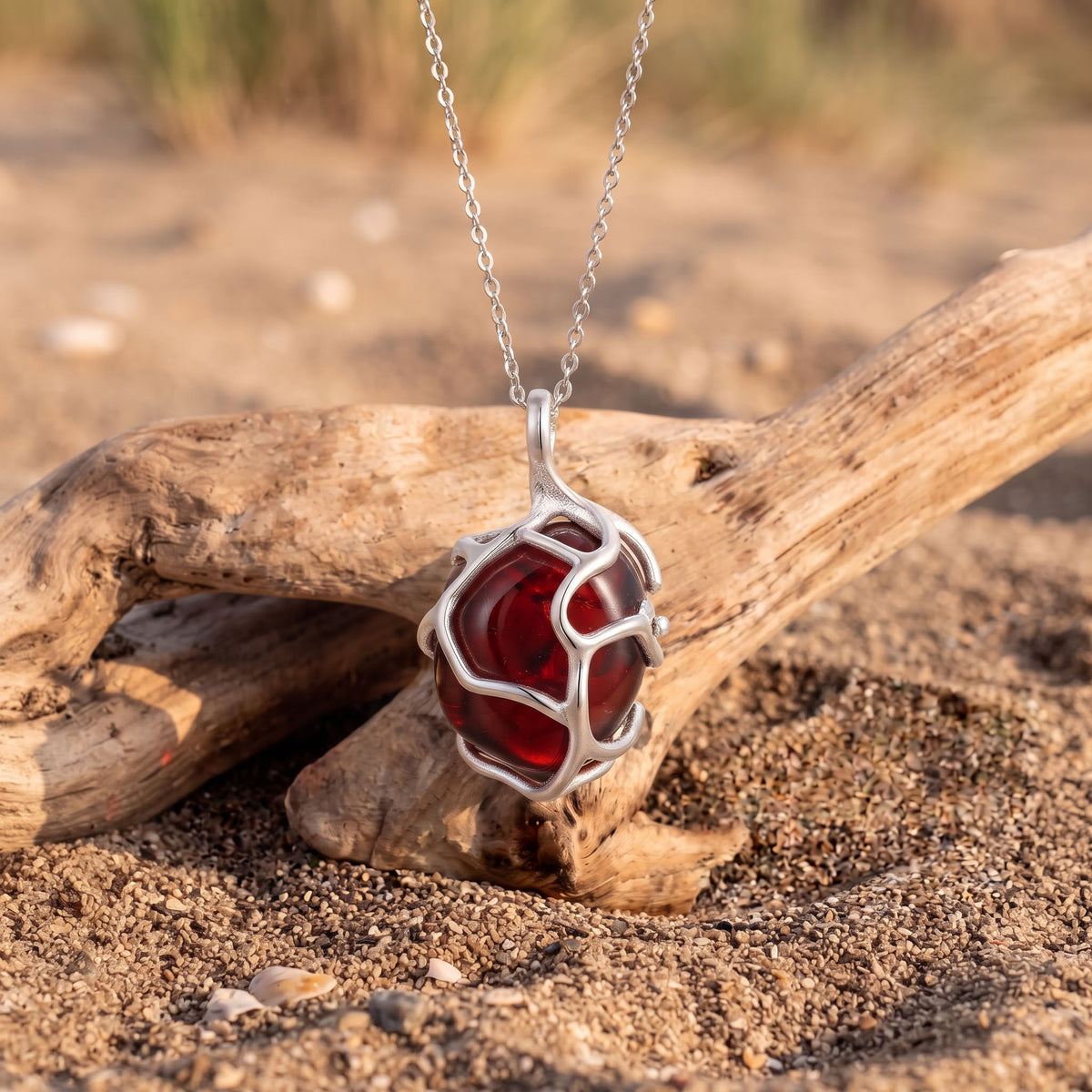 Deep Red Garnet Crystal Pendant | Sculpted Silver Wire-Wrapped Stone Necklace