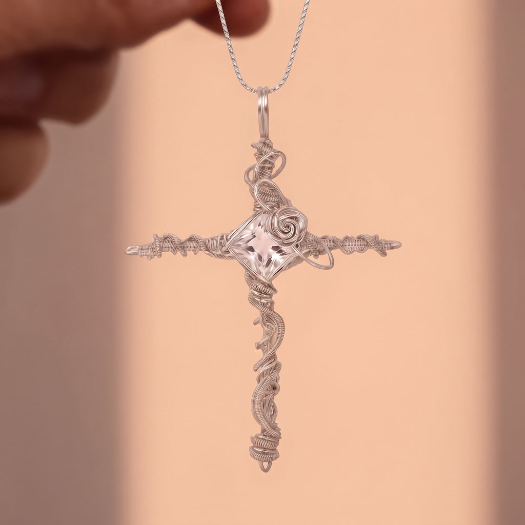 Clear Silver Crystal Cross Pendant | Wire-Wrapped Gothic Necklace