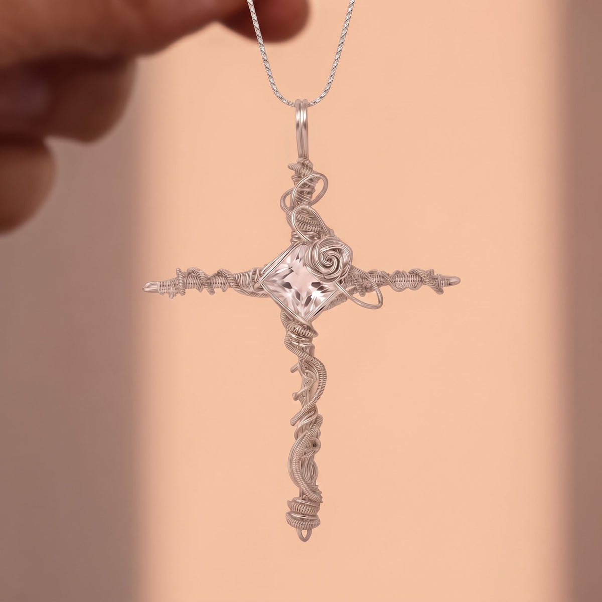 Clear Silver Crystal Cross Pendant | Wire-Wrapped Gothic Necklace