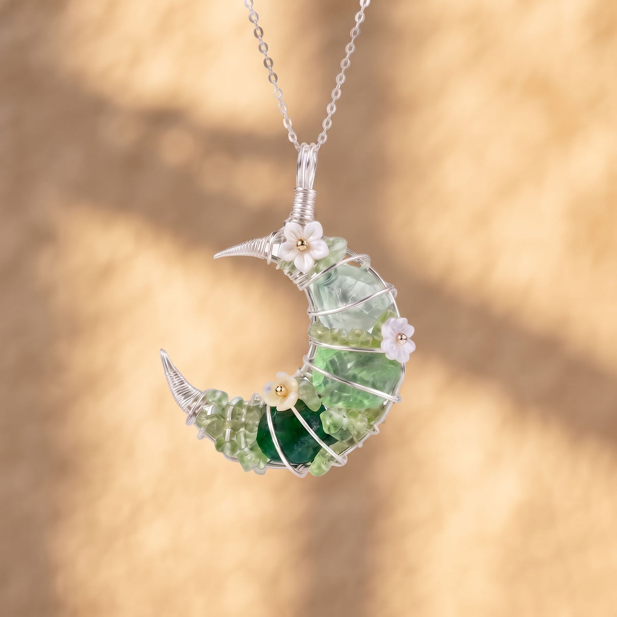 Green Fluorite Crescent Moon Pendant | Wire-Wrapped Floral Necklace