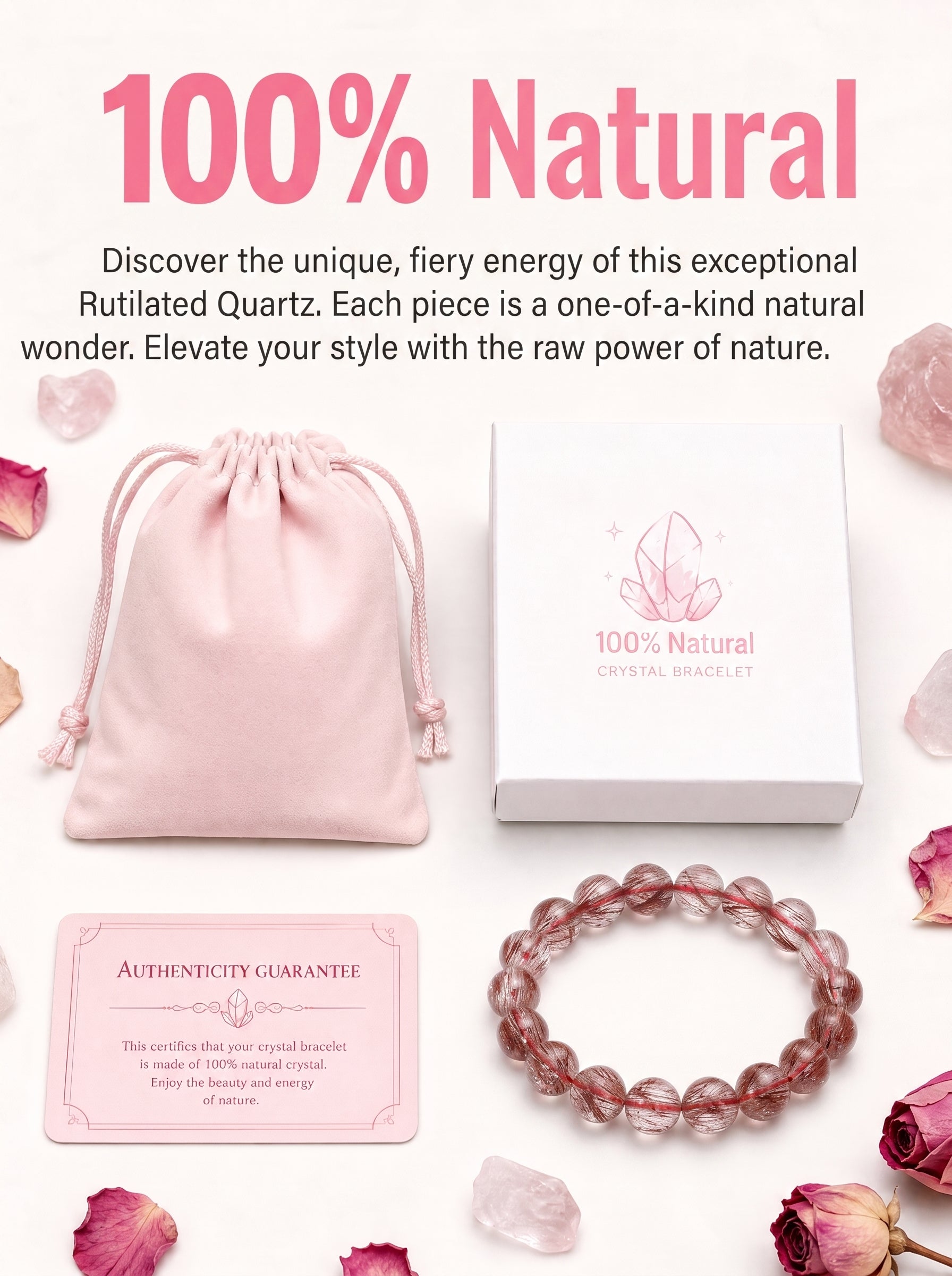 Premium Red Rutilated Quartz Beaded Bracelet | Hand-Polished Natural Gemstone Jewelry for Power & Prosperity