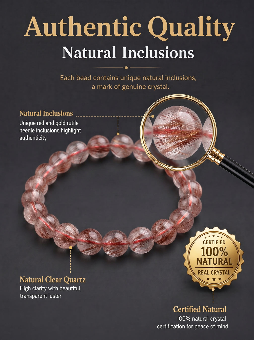 Premium Red Rutilated Quartz Beaded Bracelet | Hand-Polished Natural Gemstone Jewelry for Power & Prosperity