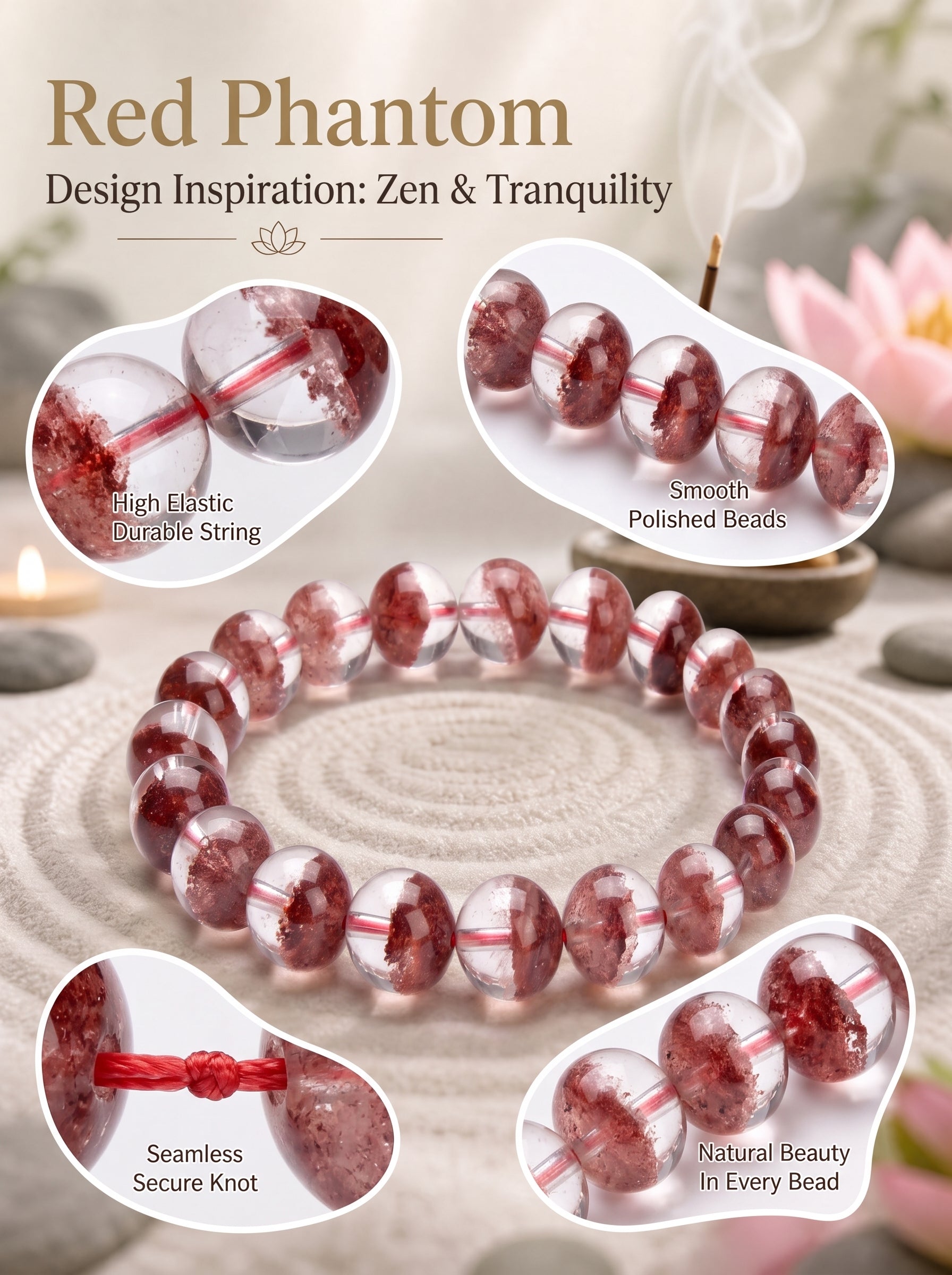Premium Red Phantom Quartz Beaded Bracelet | Hand-Polished Natural Crystal Jewelry for Wealth & Passion