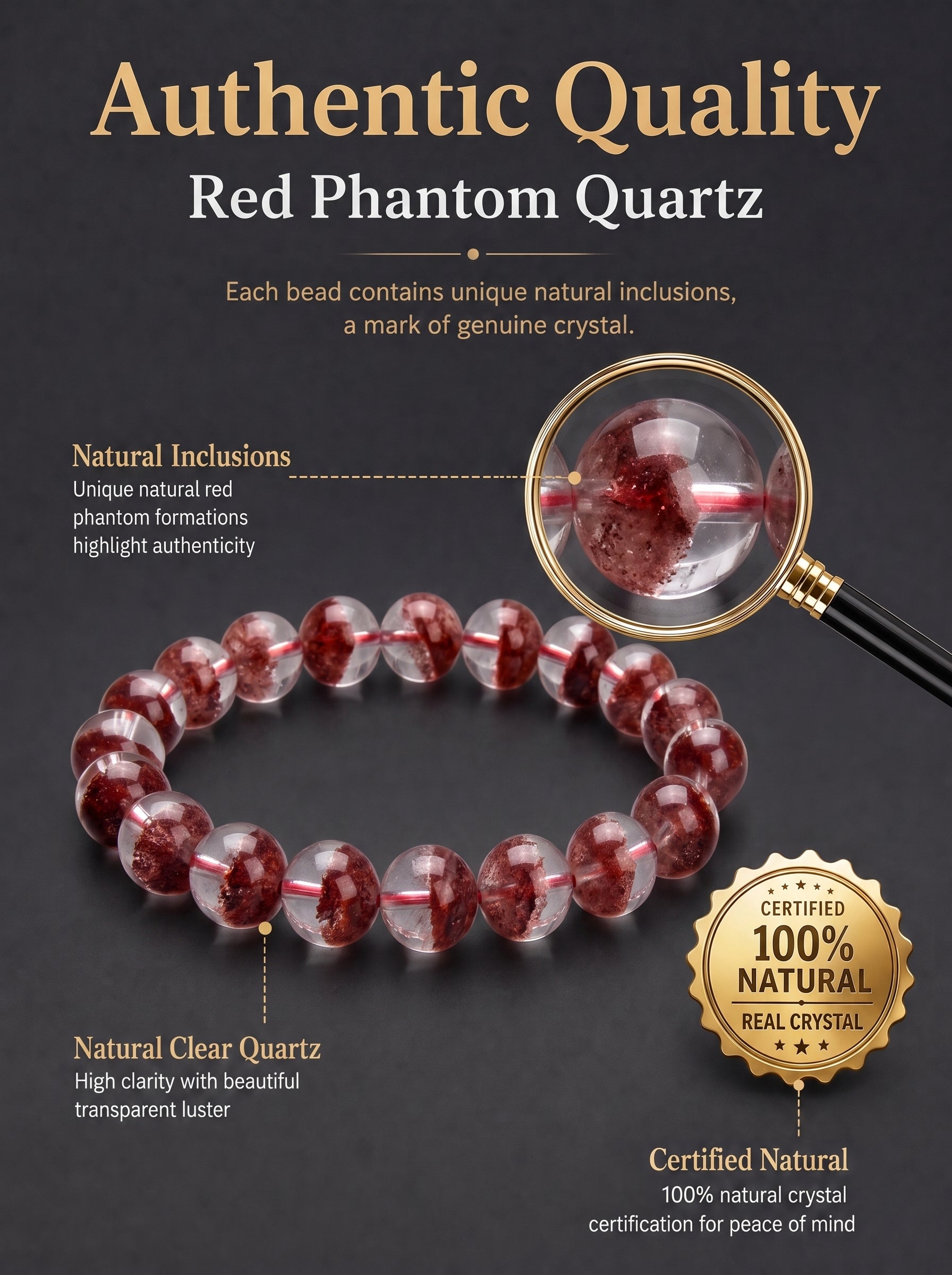 Premium Red Phantom Quartz Beaded Bracelet | Hand-Polished Natural Crystal Jewelry for Wealth & Passion