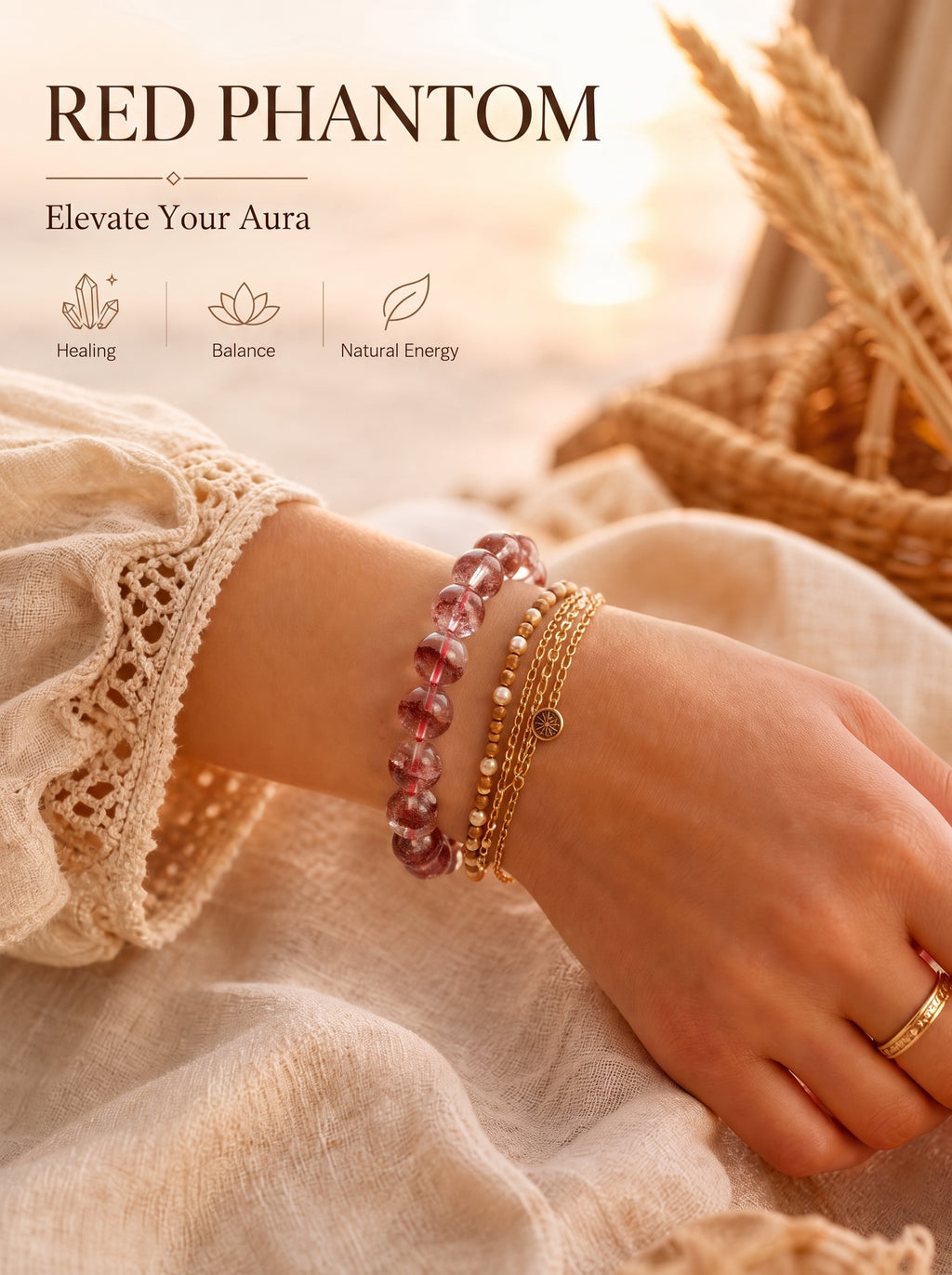Premium Red Phantom Quartz Beaded Bracelet | Hand-Polished Natural Crystal Jewelry for Wealth & Passion