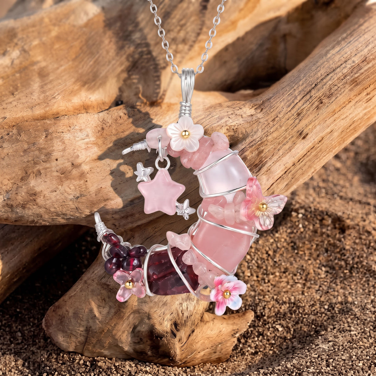 Rose Quartz & Garnet Crescent Moon Pendant | Wire-Wrapped Star & Butterfly Necklace