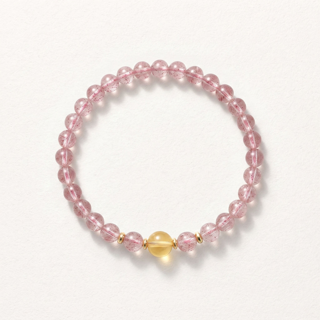 Natural Strawberry Quartz and Citrine Bead Bracelet, Vibrant Vitality & Prosperous Flow Gemstone Jewelry
