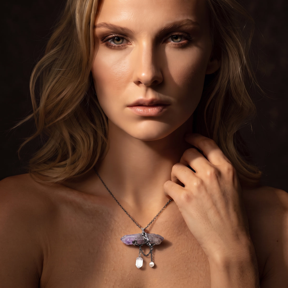 Super Seven Amethyst Wand Pendant | Antique Silver Copper Draped Quartz & Pearl Gothic Necklace