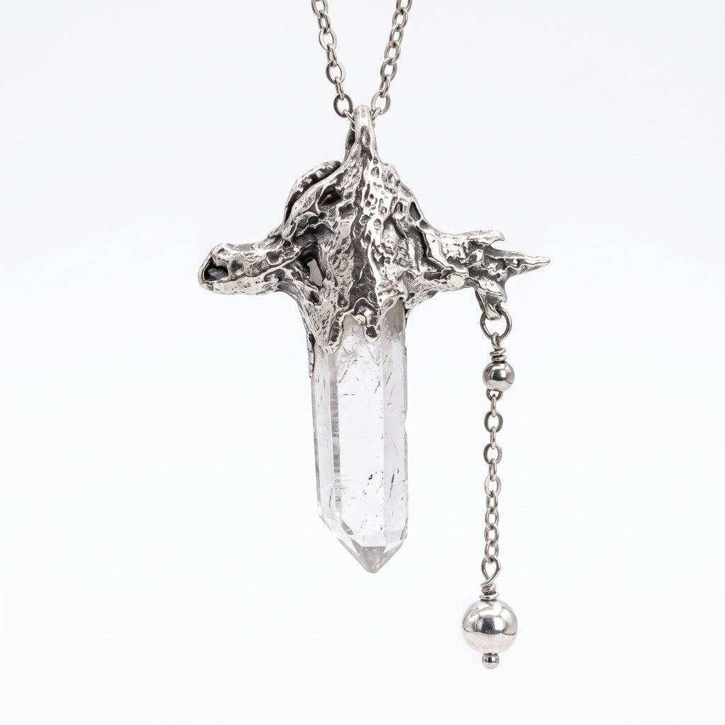 Clear Quartz Crystal Dragon Pendant | Antique Silver Copper Beaded Chain Gothic Necklace