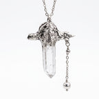 Clear Quartz Crystal Dragon Pendant | Antique Silver Copper Beaded Chain Gothic Necklace