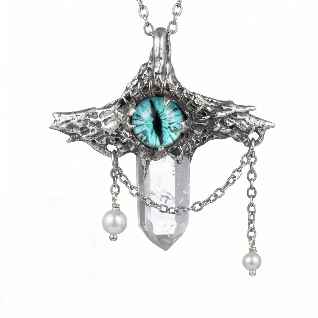 Blue Dragon Eye Crystal Point Pendant | Antique Silver Copper Draped Pearl & Molten Gothic Necklace