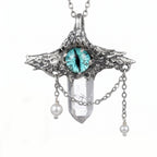 Blue Dragon Eye Crystal Point Pendant | Antique Silver Copper Draped Pearl & Molten Gothic Necklace