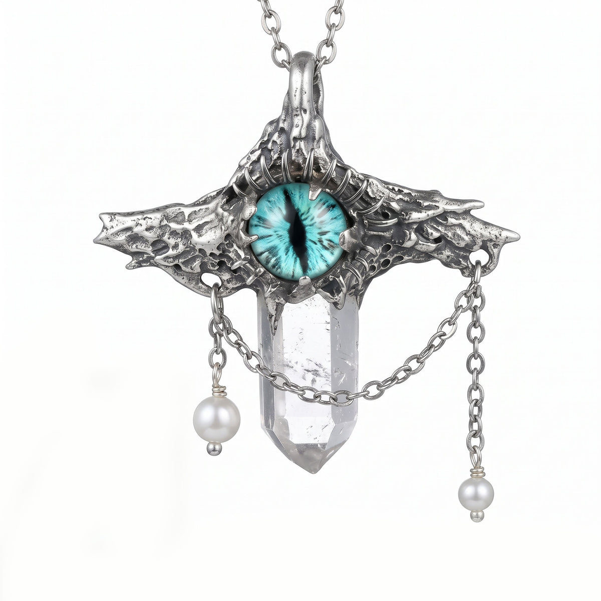 Blue Dragon Eye Crystal Point Pendant | Antique Silver Copper Draped Pearl & Molten Gothic Necklace