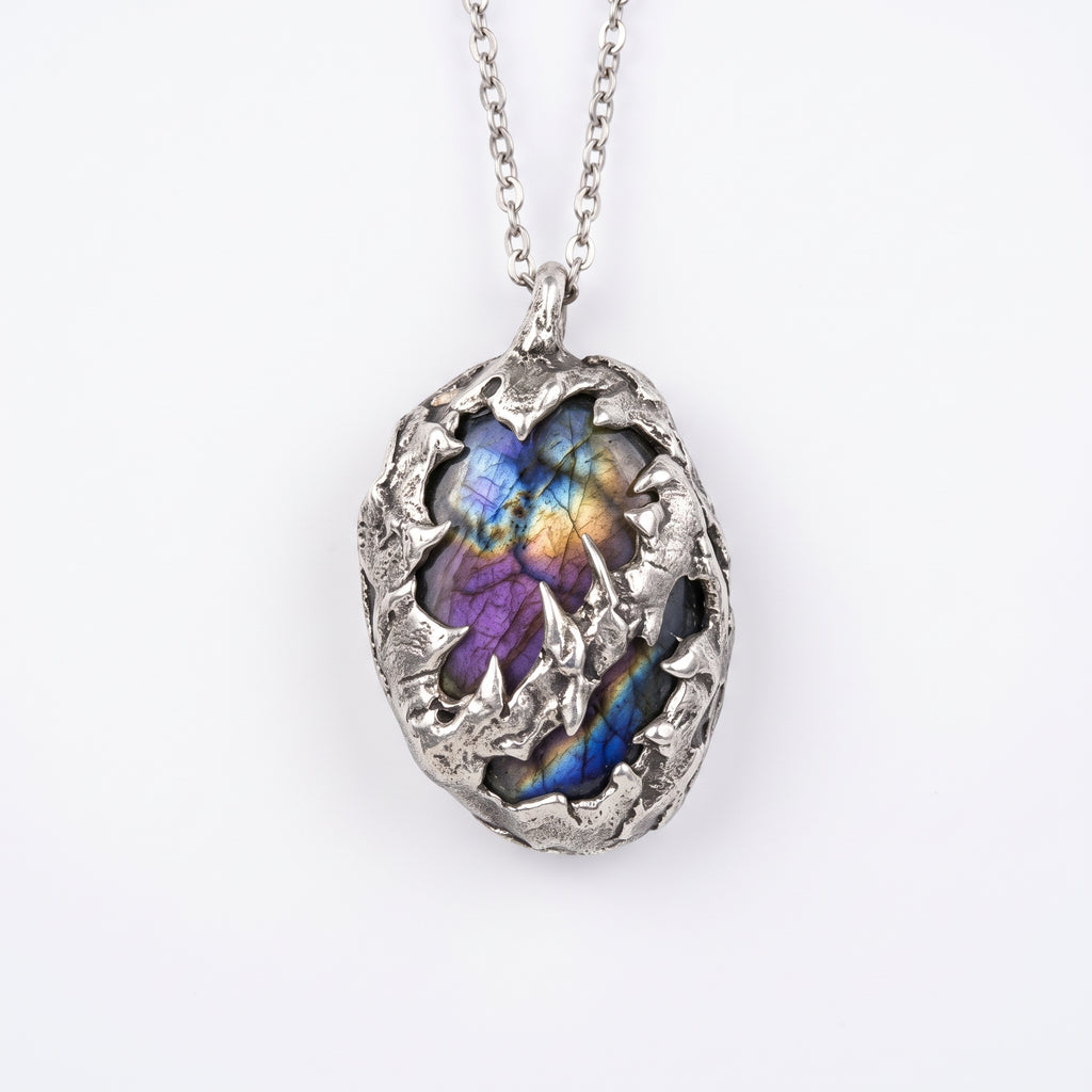 Labradorite Molten Caged Pendant | Antique Silver Copper Gothic Dragon Scale Necklace