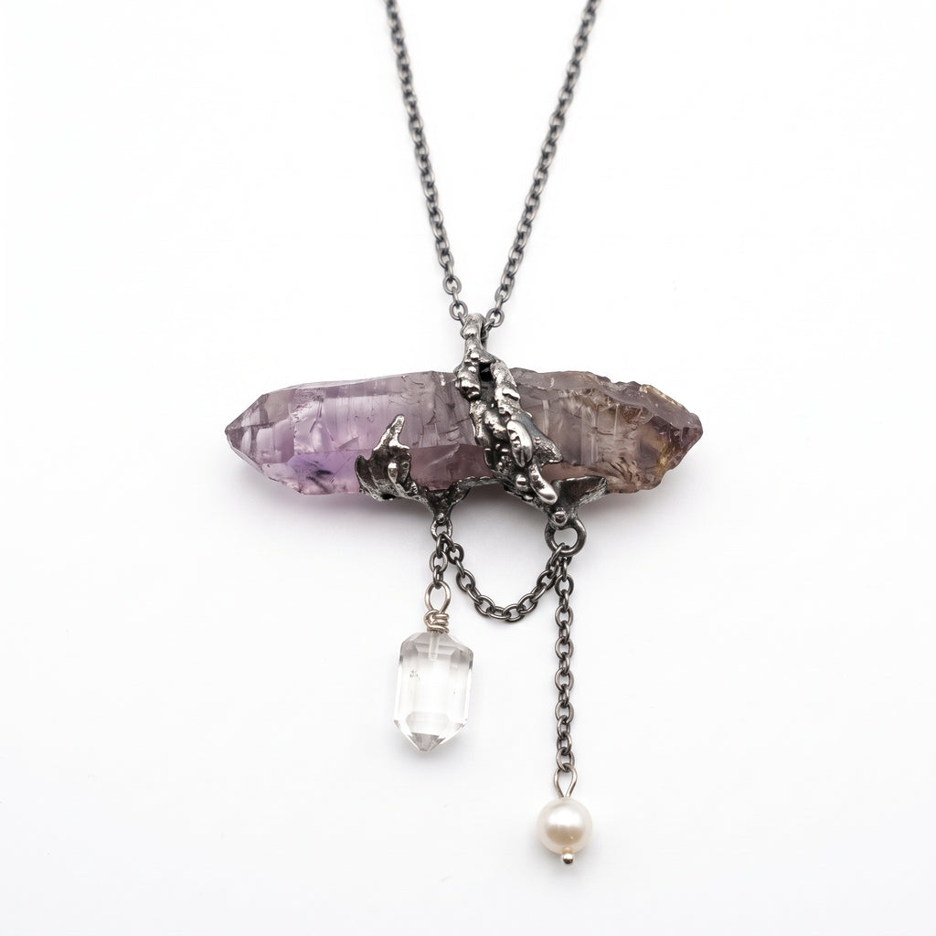 Super Seven Amethyst Wand Pendant | Antique Silver Copper Draped Quartz & Pearl Gothic Necklace
