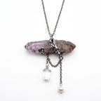 Super Seven Amethyst Wand Pendant | Antique Silver Copper Draped Quartz & Pearl Gothic Necklace