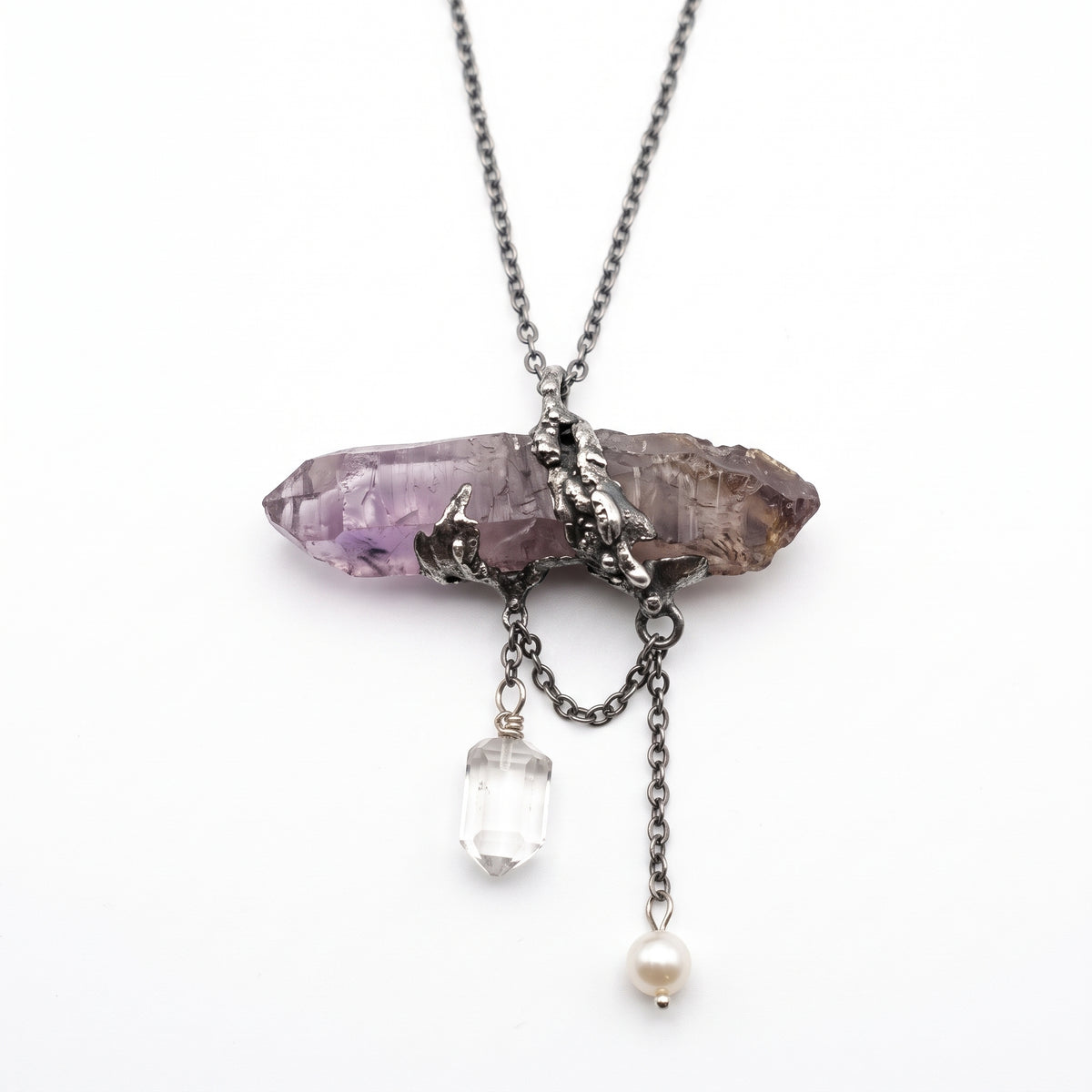 Super Seven Amethyst Wand Pendant | Antique Silver Copper Draped Quartz & Pearl Gothic Necklace