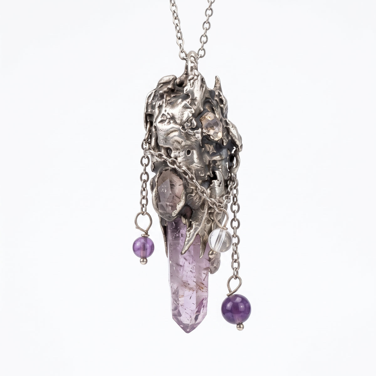 Super Seven Crystal Cluster Pendant | Antique Silver Copper Draped Beaded Necklace