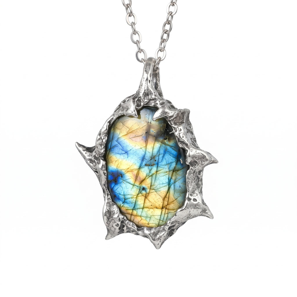 Labradorite Molten Frame Pendant | Antique Silver Copper Gothic Starburst Necklace