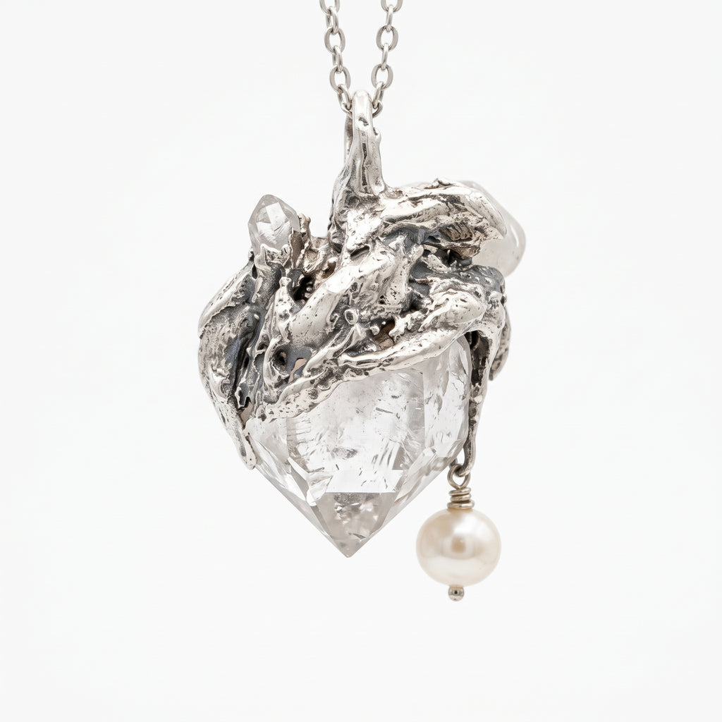 Clear Quartz Cluster Pendant | Antique Silver Copper Pearl & Molten Gothic Necklace