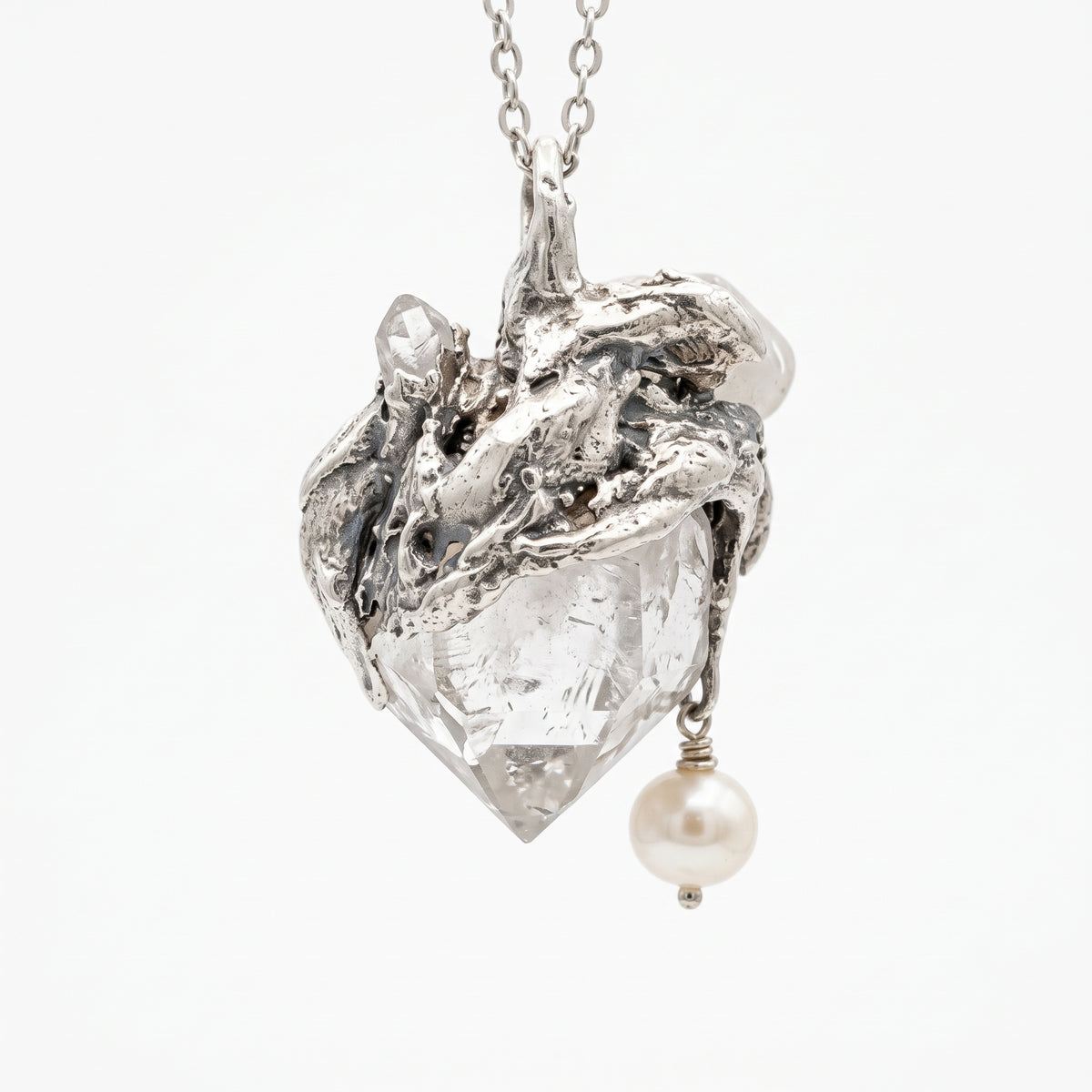 Clear Quartz Cluster Pendant | Antique Silver Copper Pearl & Molten Gothic Necklace
