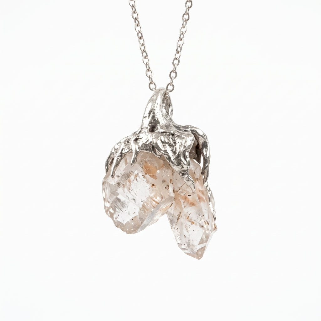 Double Quartz Crystal Cluster Pendant | Antique Silver Copper Molten Claw Gothic Necklace