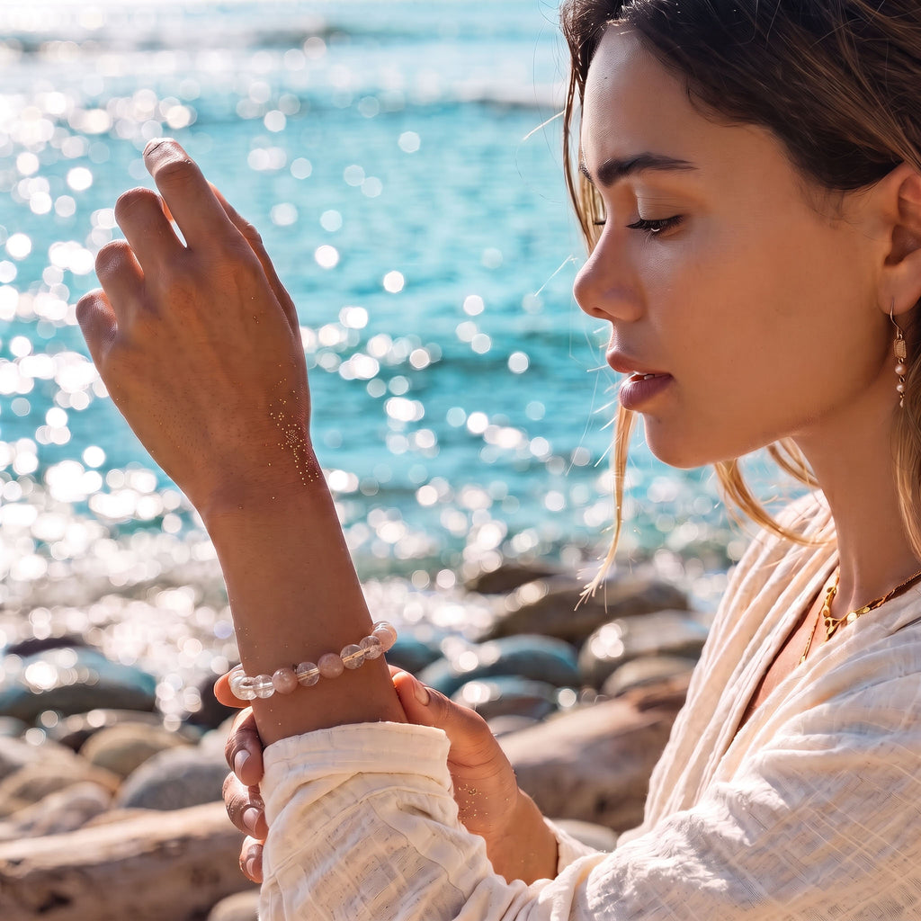 Natural Fire Quartz and Pink Lepidolite Bead Bracelet, Radiant Vitality & Harmonious Flow Gemstone Jewelry
