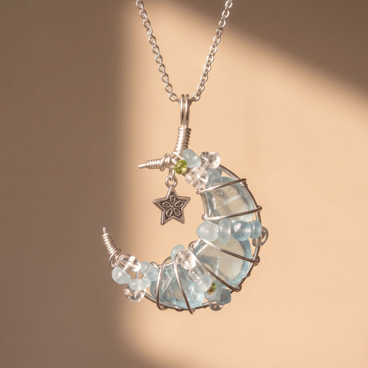 Blue Crystal Crescent Moon Pendant | Wire-Wrapped Star Necklace