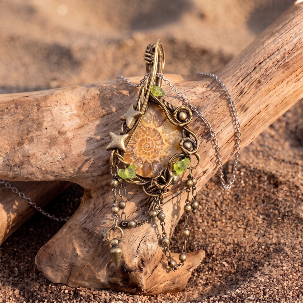 Ammonite Fossil Brass Pendant | Wire-Wrapped Star & Bead Fringe Necklace