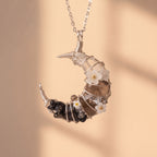 Smoky Quartz & Black Obsidian Crescent Moon Pendant | Wire-Wrapped Floral Necklace