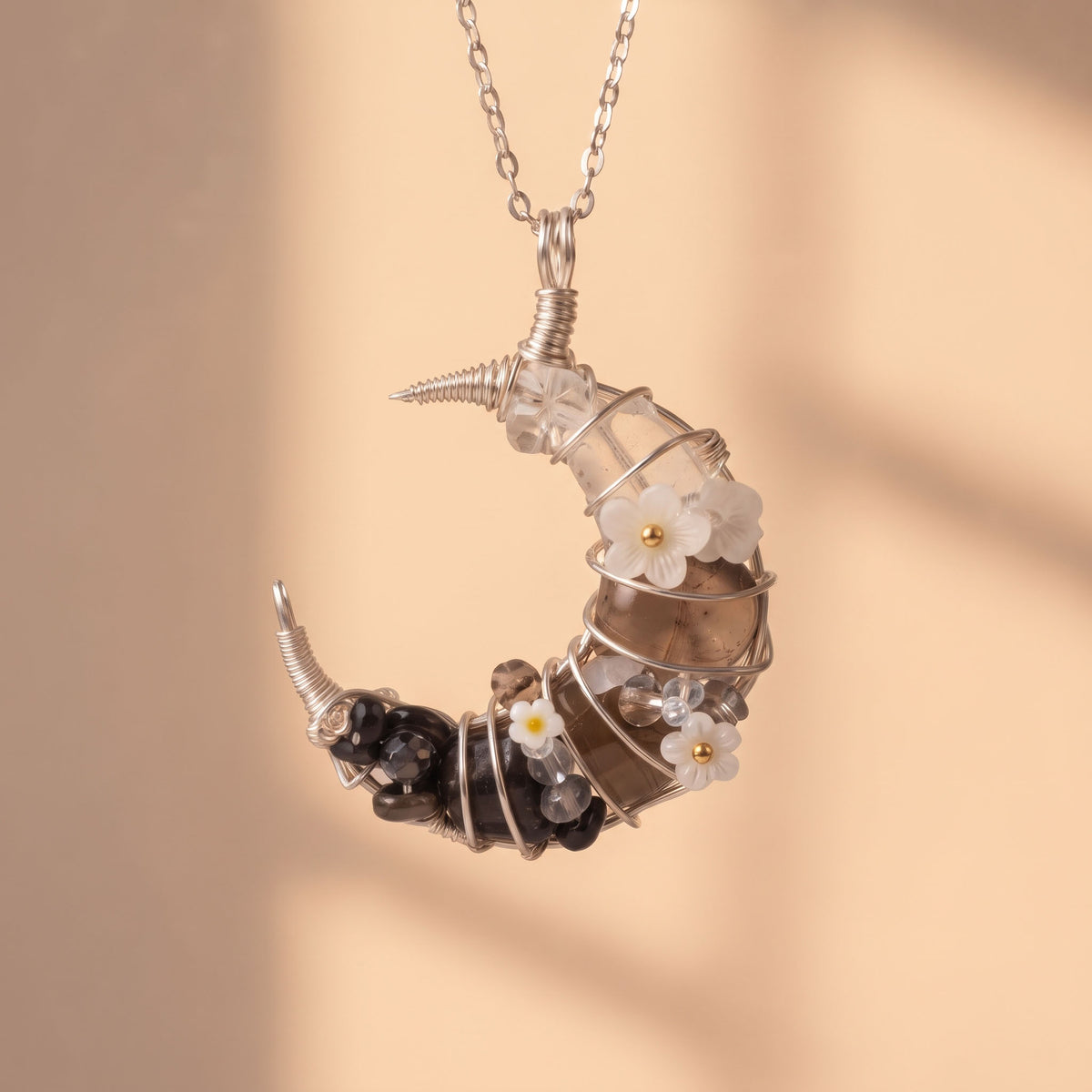 Smoky Quartz & Black Obsidian Crescent Moon Pendant | Wire-Wrapped Floral Necklace
