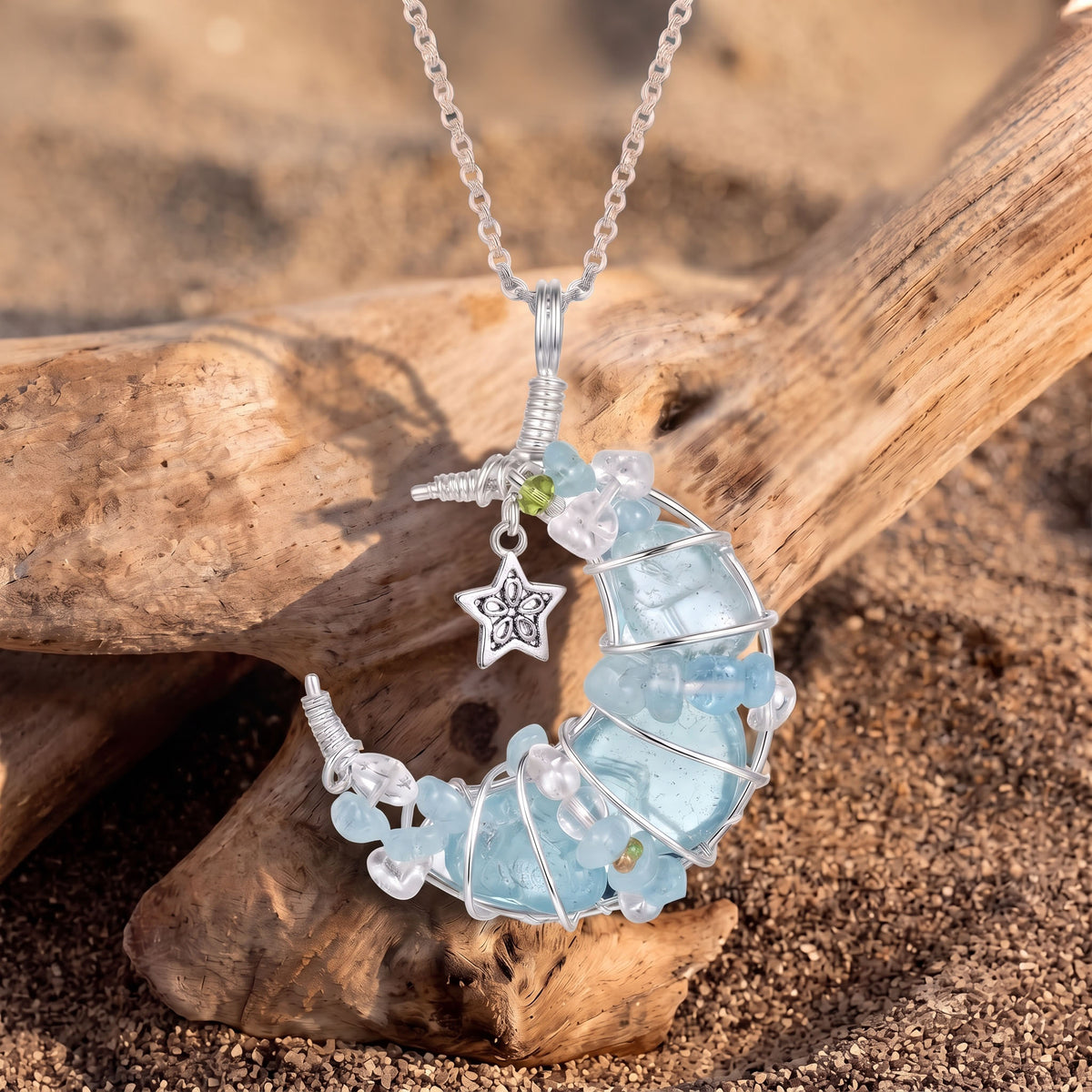 Blue Crystal Crescent Moon Pendant | Wire-Wrapped Star Necklace