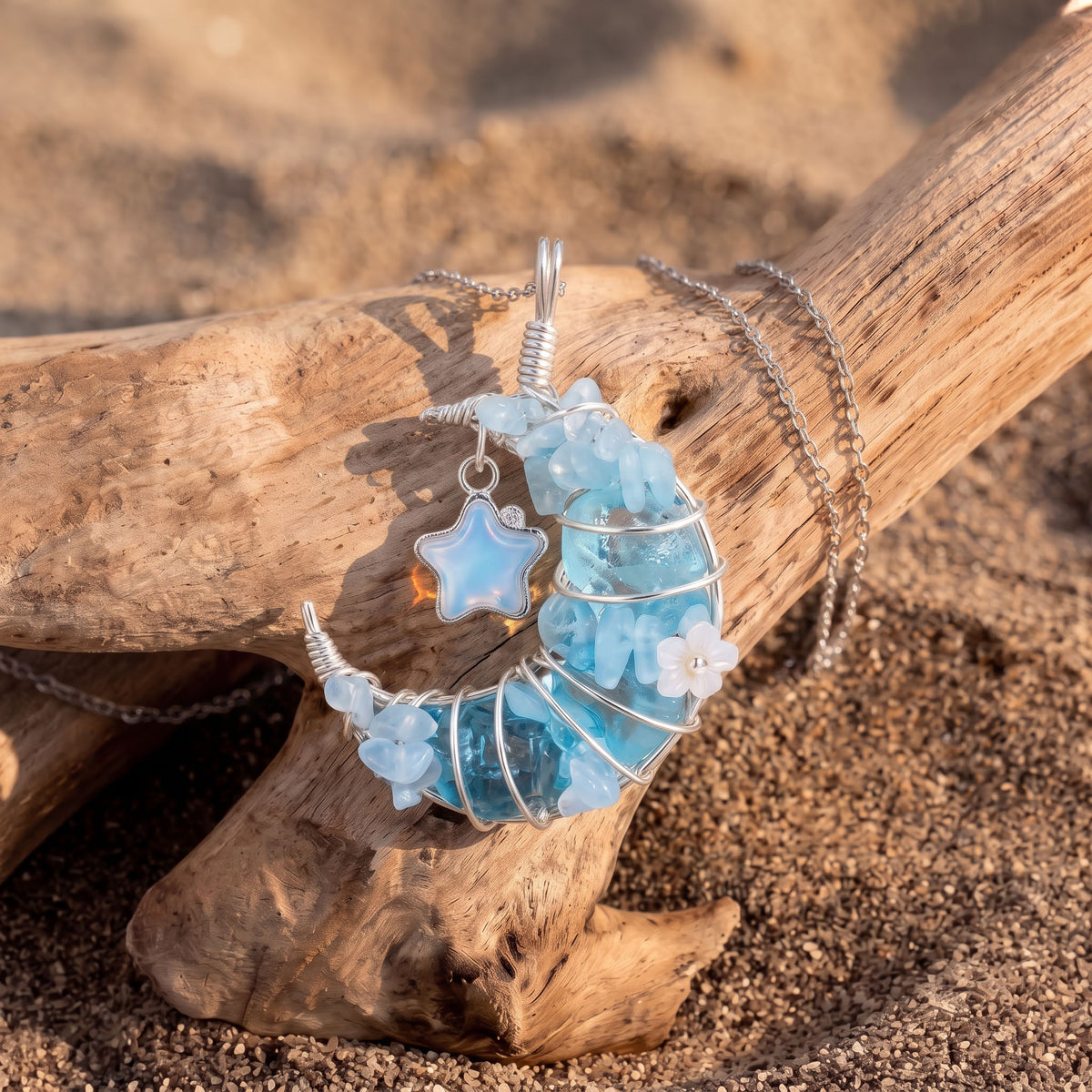 Light Blue Crystal Crescent Moon Pendant | Wire-Wrapped Star Necklace
