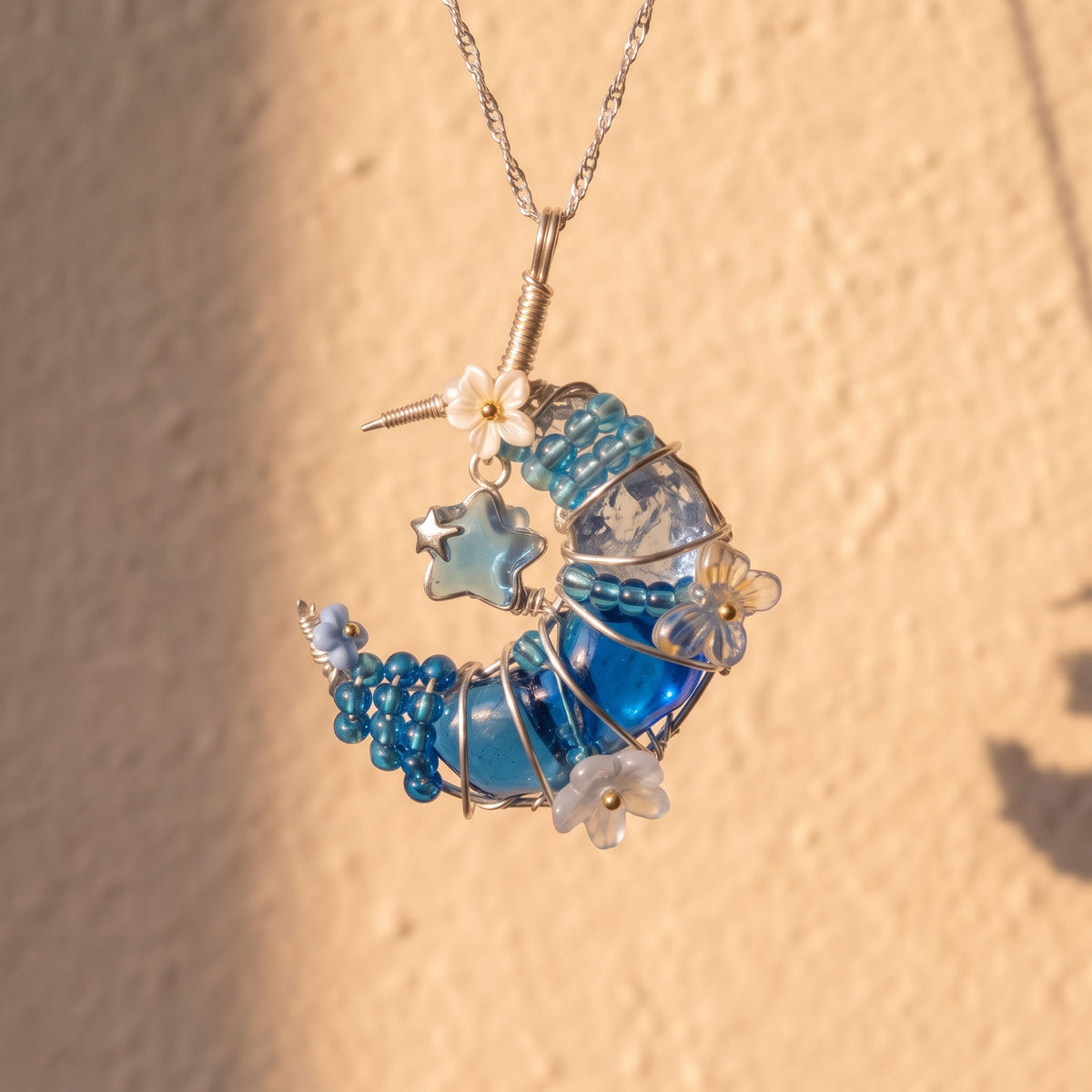 Handcrafted Blue Crystal Crescent Moon & Star Pendant | Wire-Wrapped Floral Necklace