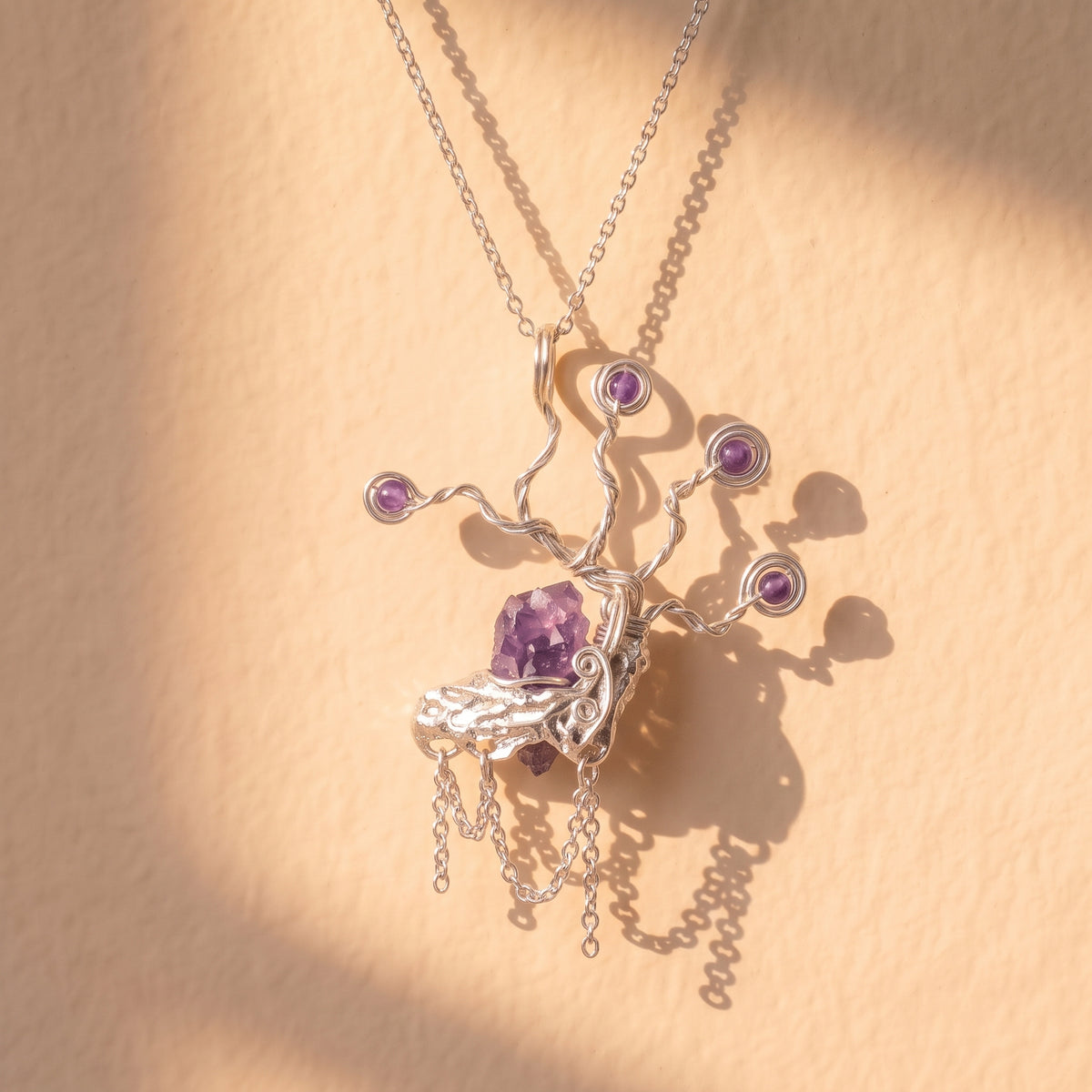 Raw Amethyst Tree Branch Copper Pendant | Silver Copper Wire Wrapped Necklace