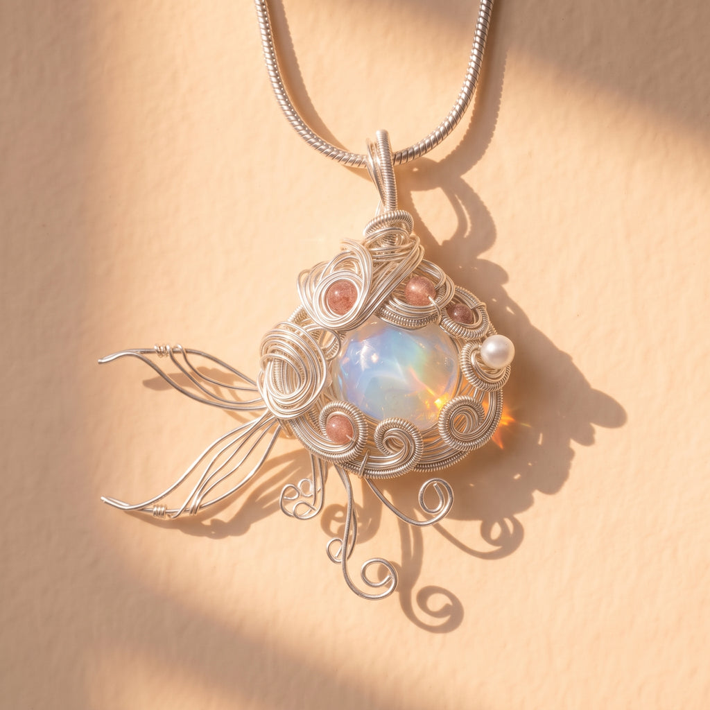 Opal Jellyfish Wire-Wrapped Pendant | Silver Copper Sunstone & Pearl Necklace