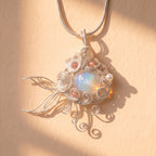 Opal Jellyfish Wire-Wrapped Pendant | Silver Copper Sunstone & Pearl Necklace