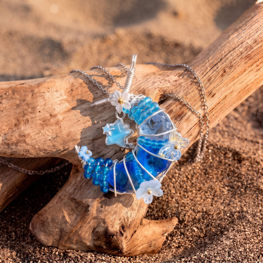 Handcrafted Blue Crystal Crescent Moon & Star Pendant | Wire-Wrapped Floral Necklace
