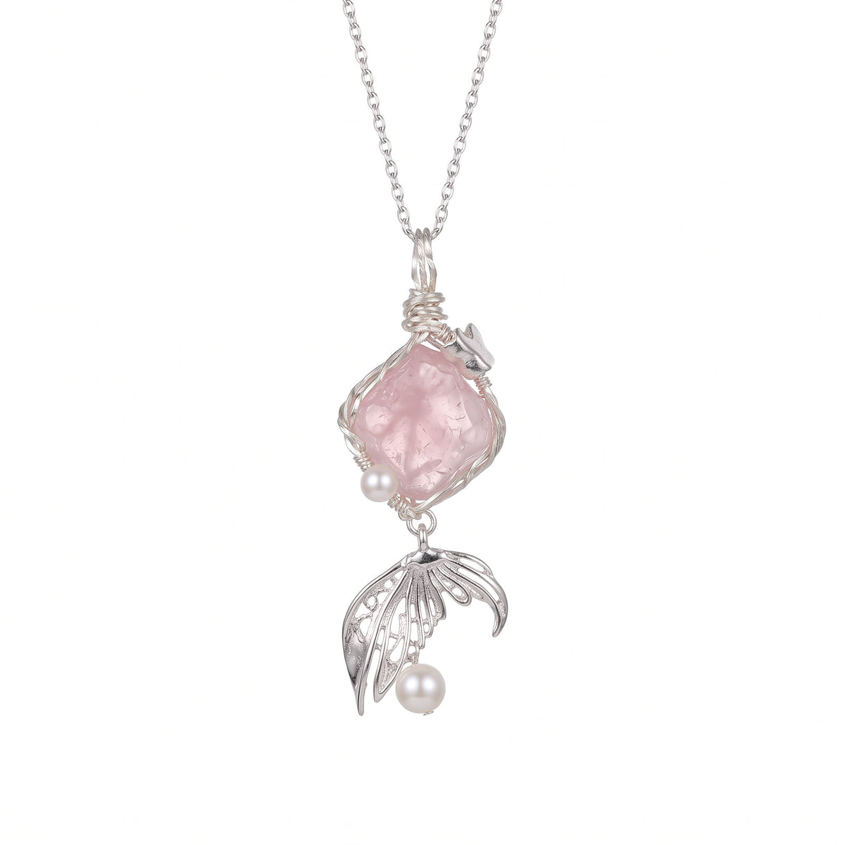 Ethereal Rose Quartz & Mermaid Tail Pendant | Handcrafted Silver Wire-Wrapped Necklace